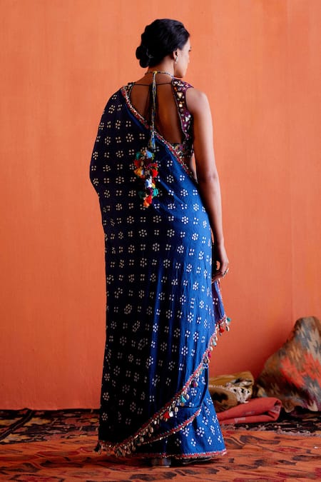 Shop Karishma Khanduja Bareilly Blue Silk, Crepe Mirrors, Sequins Bandhani Pattern Saree at Aza Fashions Shop_Karishma Khanduja Bareilly_Blue Silk, Crepe Mirrors, Sequins Bandhani Pattern Saree _at_Aza_Fashions