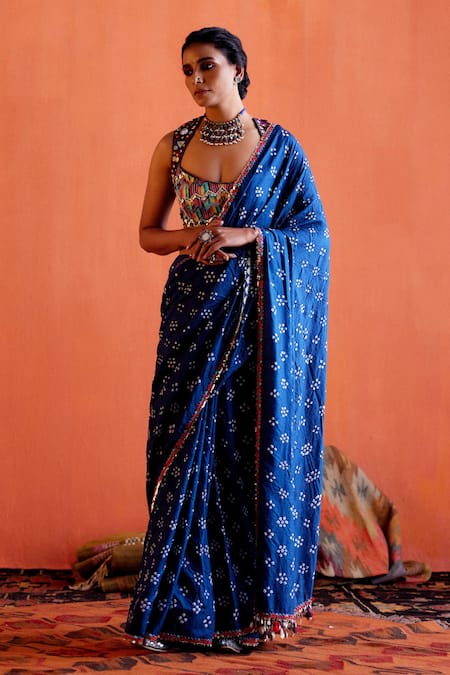 Karishma Khanduja Bareilly Blue Silk, Crepe Mirrors, Sequins Bandhani Pattern Saree Online at Aza Fashions Karishma Khanduja Bareilly_Blue Silk, Crepe Mirrors, Sequins Bandhani Pattern Saree _Online_at_Aza_Fashions