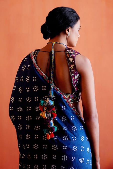 Shop Karishma Khanduja Bareilly Blue Silk, Crepe Mirrors, Sequins Bandhani Pattern Saree Online at Aza Fashions Shop_Karishma Khanduja Bareilly_Blue Silk, Crepe Mirrors, Sequins Bandhani Pattern Saree _Online_at_Aza_Fashions