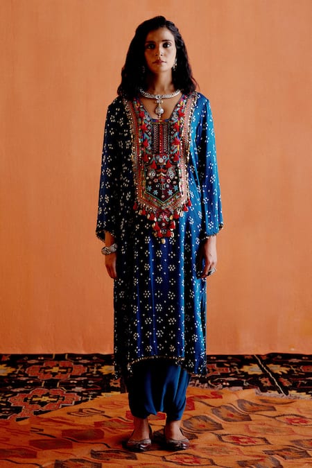 Karishma Khanduja Bareilly Blue Gabardine Beads, Mirrors, Tassels Bandhani Pattern Kurta And Dhoti Skirt Set Online at Aza Fashions Karishma Khanduja Bareilly_Blue Gabardine Beads, Mirrors, Tassels Bandhani Pattern Kurta And Dhoti Skirt Set _Online_at_Aza_Fashions