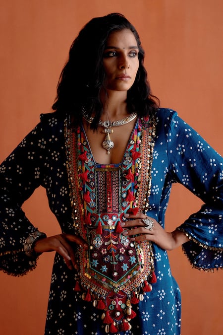 Buy Karishma Khanduja Bareilly Blue Gabardine Beads, Mirrors, Tassels Bandhani Pattern Kurta And Dhoti Skirt Set Online at Aza Fashions Buy_Karishma Khanduja Bareilly_Blue Gabardine Beads, Mirrors, Tassels Bandhani Pattern Kurta And Dhoti Skirt Set _Online_at_Aza_Fashions