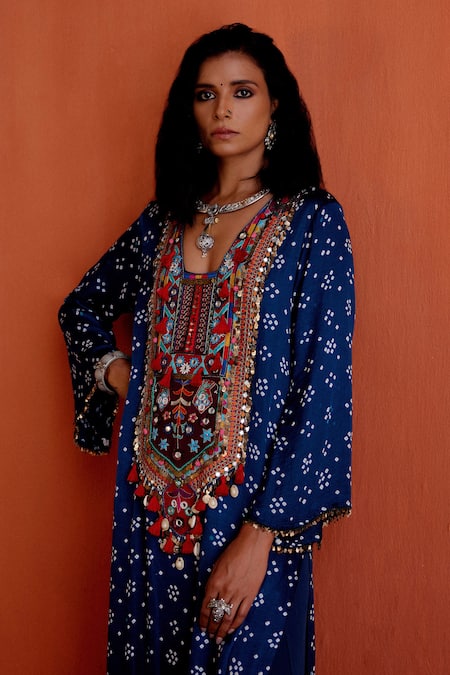 Karishma Khanduja Bareilly Blue Gabardine Beads, Mirrors, Tassels Bandhani Pattern Kurta And Dhoti Skirt Set at Aza Fashions Karishma Khanduja Bareilly_Blue Gabardine Beads, Mirrors, Tassels Bandhani Pattern Kurta And Dhoti Skirt Set _at_Aza_Fashions