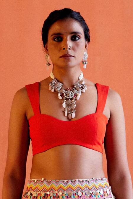 Karishma Khanduja Bareilly Orange Georgette Sweetheart Neck Sleeveless Solid Blouse Online at Aza Fashions Karishma Khanduja Bareilly_Orange Georgette Sweetheart Neck Sleeveless Solid Blouse _Online_at_Aza_Fashions