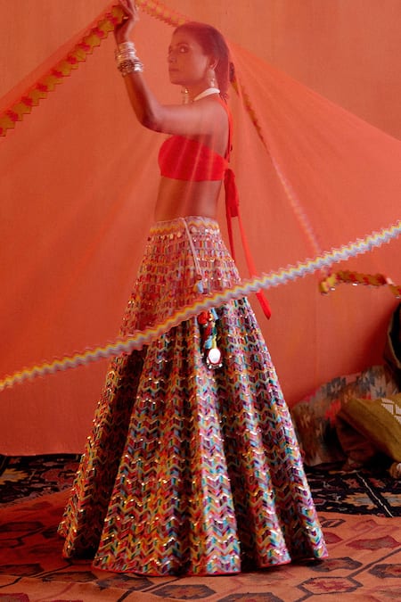 Shop_Karishma Khanduja Bareilly_Orange Net Embroidery Thread Cutwork Border Dupatta _Online_at_Aza_Fashions