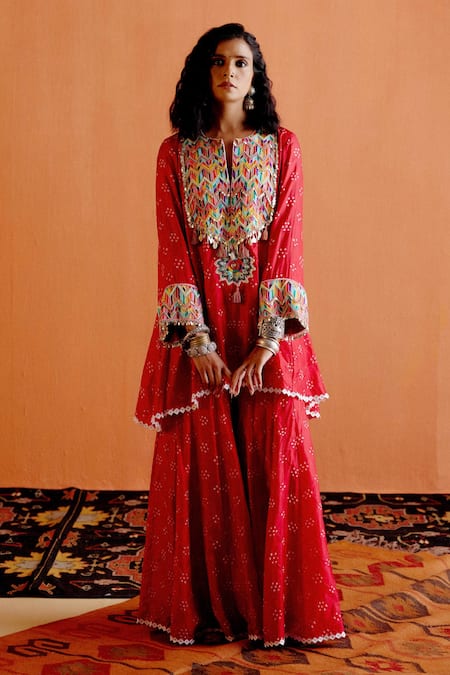 Shop Karishma Khanduja Bareilly Red Silk Embroidery, Beads, Metallic Thread Bandhani Pattern Kurta And Gharara Set at Aza Fashions Shop_Karishma Khanduja Bareilly_Red Silk Embroidery, Beads, Metallic Thread Bandhani Pattern Kurta And Gharara Set _at_Aza_Fashions