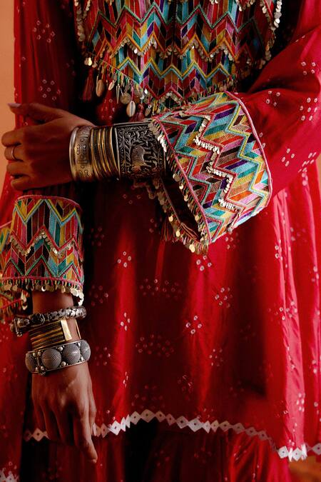 Karishma Khanduja Bareilly Red Silk Embroidery, Beads, Metallic Thread Bandhani Pattern Kurta And Gharara Set Online at Aza Fashions Karishma Khanduja Bareilly_Red Silk Embroidery, Beads, Metallic Thread Bandhani Pattern Kurta And Gharara Set _Online_at_Aza_Fashions