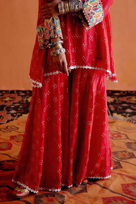 Buy Karishma Khanduja Bareilly Red Silk Embroidery, Beads, Metallic Thread Bandhani Pattern Kurta And Gharara Set Online at Aza Fashions Buy_Karishma Khanduja Bareilly_Red Silk Embroidery, Beads, Metallic Thread Bandhani Pattern Kurta And Gharara Set _Online_at_Aza_Fashions