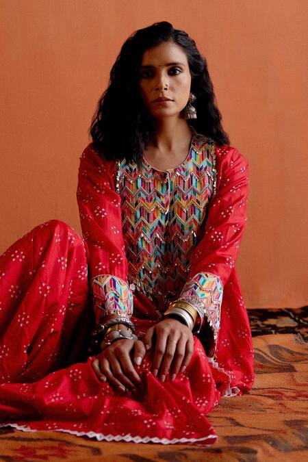 Shop Karishma Khanduja Bareilly Red Silk Embroidery, Beads, Metallic Thread Bandhani Pattern Kurta And Gharara Set Online at Aza Fashions Shop_Karishma Khanduja Bareilly_Red Silk Embroidery, Beads, Metallic Thread Bandhani Pattern Kurta And Gharara Set _Online_at_Aza_Fashions