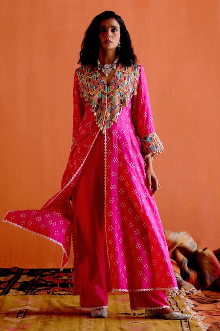 Buy Karishma Khanduja Bareilly Magenta Silk Embroidery V-neck Bandhani Pattern Kurta And Pant Set Online at Aza Fashions Buy_Karishma Khanduja Bareilly_Magenta Silk Embroidery V-neck Bandhani Pattern Kurta And Pant Set _Online_at_Aza_Fashions