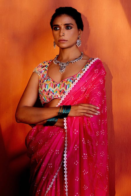 Buy_Karishma Khanduja Bareilly_Multi Color Chanderi Embroidery Resham Leaf Neck Blouse _Online_at_Aza_Fashions