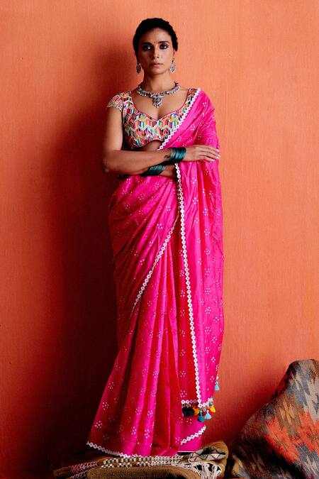 Shop Karishma Khanduja Bareilly Magenta Silk Embroidery Bandhani Pattern Saree Online at Aza Fashions Shop_Karishma Khanduja Bareilly_Magenta Silk Embroidery Bandhani Pattern Saree _Online_at_Aza_Fashions