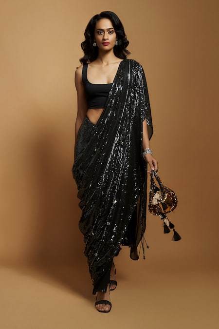 Buy Style Junkiie Black Silk Sequins, Mirrors Round Neck Pre-draped Saree With Detachable Pallu Online at Aza Fashions Buy_Style Junkiie_Black Silk Sequins, Mirrors Round Neck Pre-draped Saree With Detachable Pallu _Online_at_Aza_Fashions