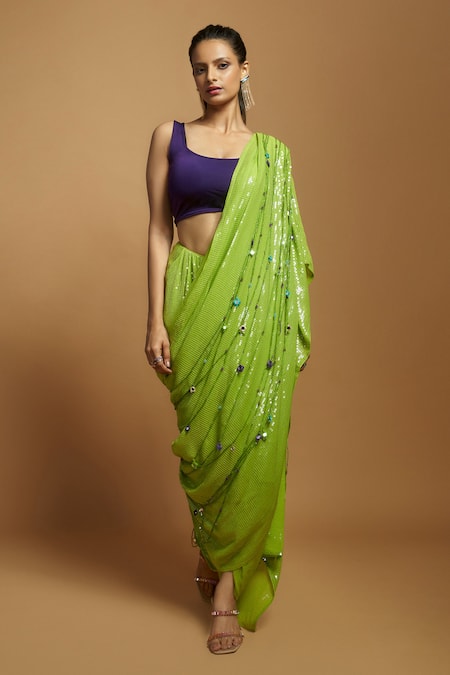Style Junkiie Pre-Draped Sequinned Saree With Detachable Pallu 