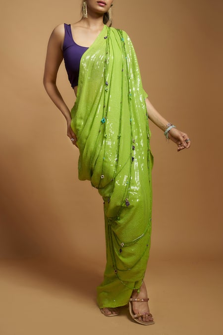 Buy Style Junkiie Green Silk Sequins, Mirrors Pre-draped Saree With Detachable Pallu Online at Aza Fashions Buy_Style Junkiie_Green Silk Sequins, Mirrors Pre-draped Saree With Detachable Pallu _Online_at_Aza_Fashions