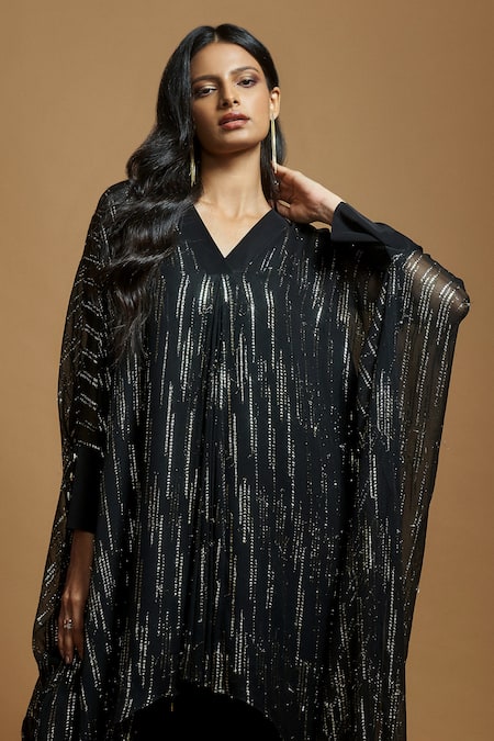 Style Junkiie_Black Georgette V-neck Gota Embroidered Asymmetric Tunic _Online_at_Aza_Fashions