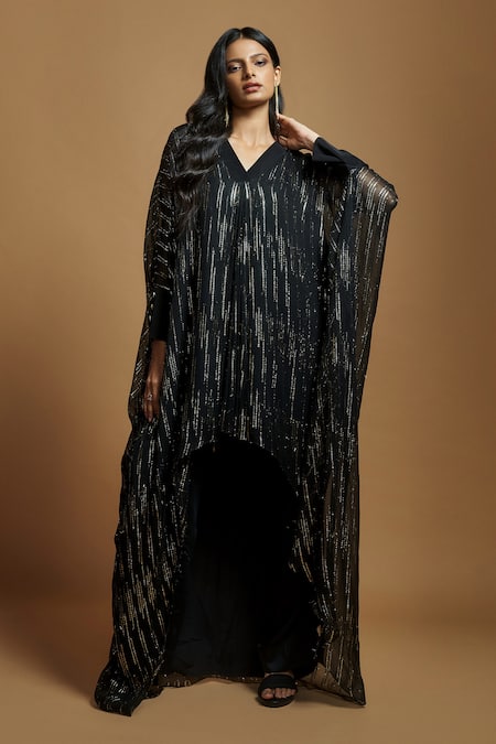 Buy_Style Junkiie_Black Georgette V-neck Gota Embroidered Asymmetric Tunic _Online_at_Aza_Fashions