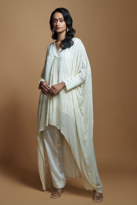 Shop_Style Junkiie_Ivory Georgette Gota Patti V-neck Work Asymmetric Tunic _at_Aza_Fashions