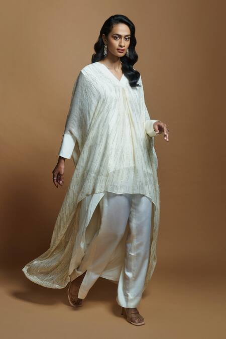 Style Junkiie_Ivory Georgette Gota Patti V-neck Work Asymmetric Tunic _Online_at_Aza_Fashions