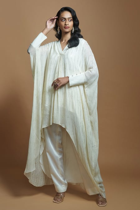 Buy_Style Junkiie_Ivory Georgette Gota Patti V-neck Work Asymmetric Tunic _Online_at_Aza_Fashions