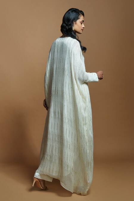 Shop_Style Junkiie_Ivory Georgette Gota Patti V-neck Work Asymmetric Tunic _Online_at_Aza_Fashions