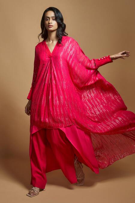 Style Junkiie_Pink Georgette Gota Patti V-neck Embroidered High-low Tunic _Online_at_Aza_Fashions