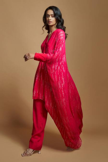 Buy_Style Junkiie_Pink Georgette Gota Patti V-neck Embroidered High-low Tunic _Online_at_Aza_Fashions