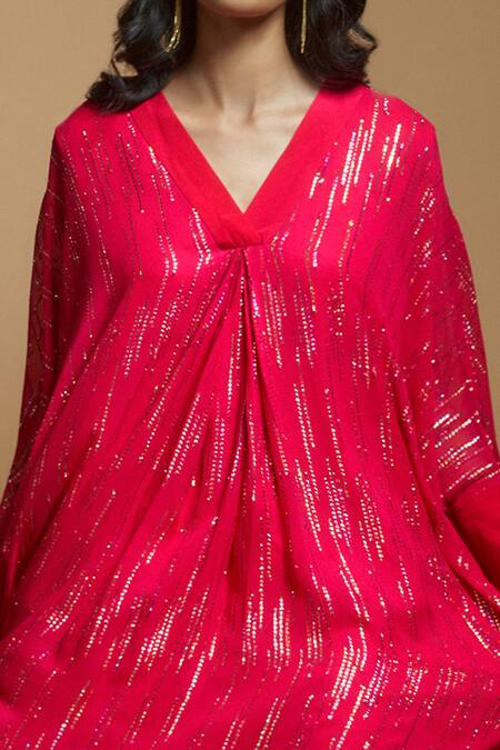 Shop_Style Junkiie_Pink Georgette Gota Patti V-neck Embroidered High-low Tunic _Online_at_Aza_Fashions