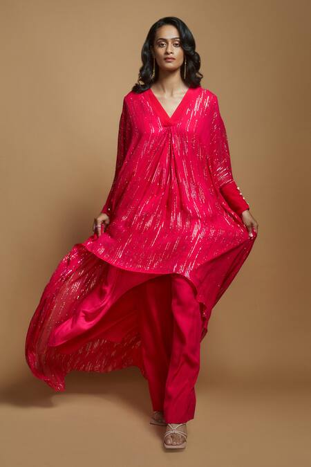 Style Junkiie_Pink Georgette Gota Patti V-neck Embroidered High-low Tunic _at_Aza_Fashions