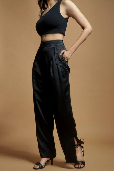 Style Junkiie_Black Satin Plain Pleated Trouser _Online_at_Aza_Fashions