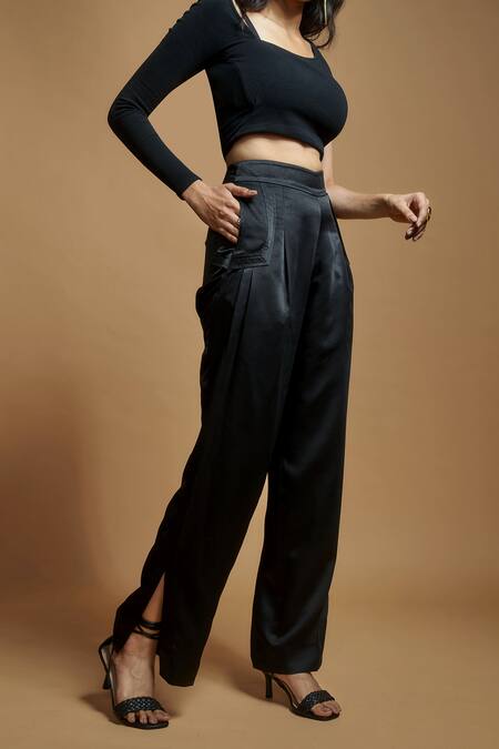 Buy_Style Junkiie_Black Satin Plain Pleated Trouser _Online_at_Aza_Fashions