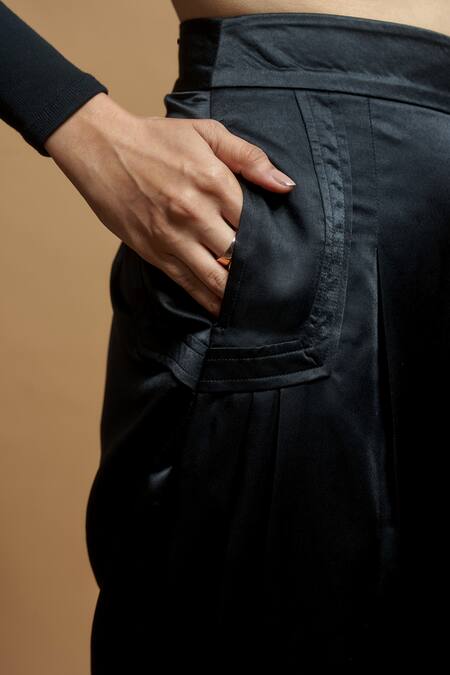 Shop_Style Junkiie_Black Satin Plain Pleated Trouser _Online_at_Aza_Fashions