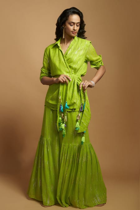 Style Junkiie Green Georgette Tassels Split V-neck Gota Embroidered Wrap Tunic Online at Aza Fashions Style Junkiie_Green Georgette Tassels Split V-neck Gota Embroidered Wrap Tunic _Online_at_Aza_Fashions