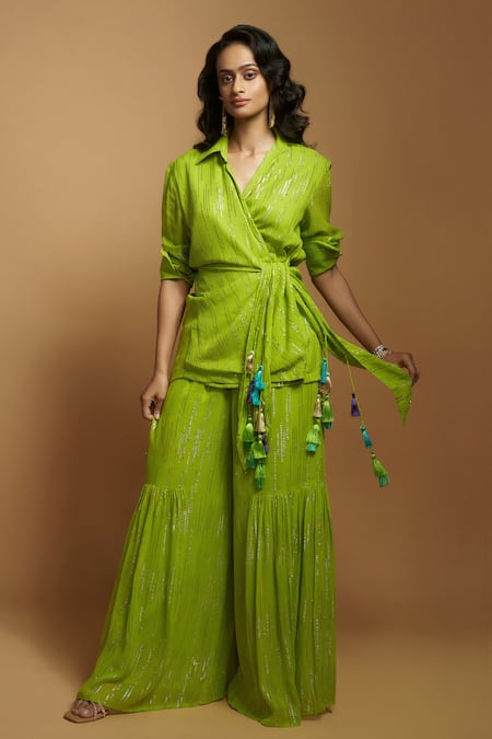 Buy Style Junkiie Green Georgette Tassels Split V-neck Gota Embroidered Wrap Tunic Online at Aza Fashions Buy_Style Junkiie_Green Georgette Tassels Split V-neck Gota Embroidered Wrap Tunic _Online_at_Aza_Fashions