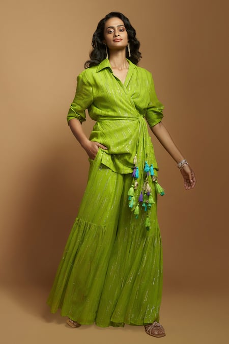 Shop Style Junkiie Green Georgette Tassels Split V-neck Gota Embroidered Wrap Tunic Online at Aza Fashions Shop_Style Junkiie_Green Georgette Tassels Split V-neck Gota Embroidered Wrap Tunic _Online_at_Aza_Fashions