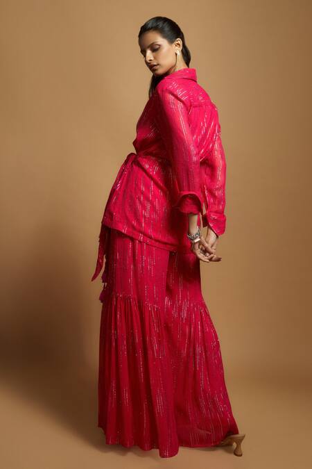 Shop_Style Junkiie_Pink Georgette Embroidered Gota Work Spread Collar Wrap Tunic _at_Aza_Fashions