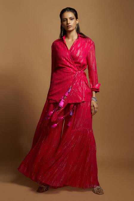 Style Junkiie_Pink Georgette Embroidered Gota Work Spread Collar Wrap Tunic _Online_at_Aza_Fashions