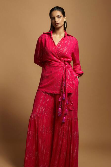 Buy_Style Junkiie_Pink Georgette Embroidered Gota Work Spread Collar Wrap Tunic _Online_at_Aza_Fashions