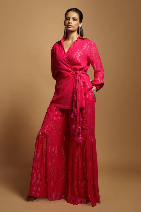 Shop_Style Junkiie_Pink Georgette Embroidered Gota Work Spread Collar Wrap Tunic _Online_at_Aza_Fashions