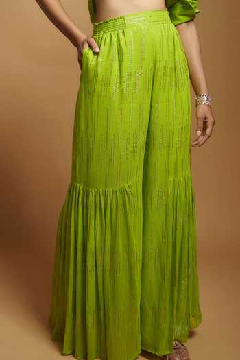 Style Junkiie Green Georgette Gota Patti Embroidered Flared Gharara Online at Aza Fashions Style Junkiie_Green Georgette Gota Patti Embroidered Flared Gharara _Online_at_Aza_Fashions