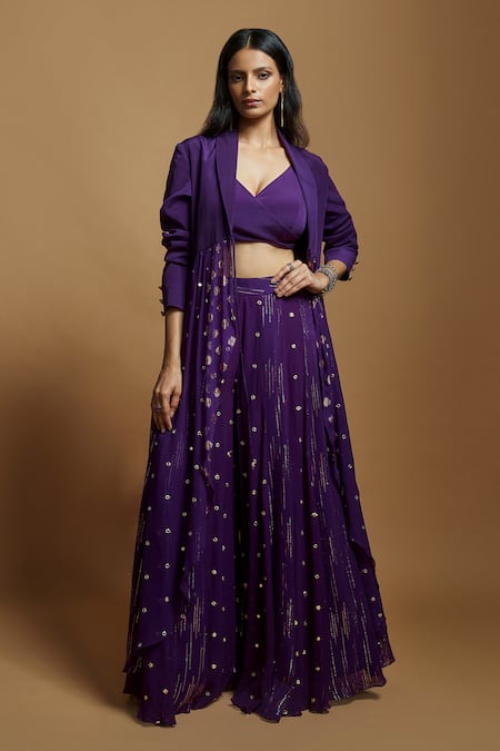 Style Junkiie Purple Crepe And Embroidered Georegtte Long Cape Jacket 