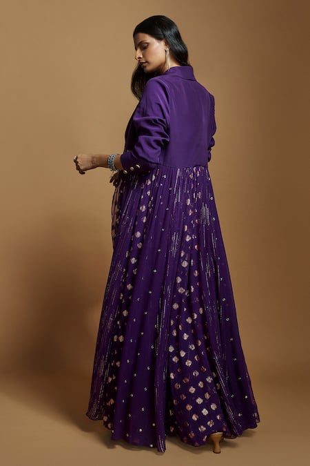 Shop Style Junkiie Purple Crepe, Georgette Mirrors Shawl Butti Self Embroidered Long Cape Jacket at Aza Fashions Shop_Style Junkiie_Purple Crepe, Georgette Mirrors Shawl Butti Self Embroidered Long Cape Jacket _at_Aza_Fashions