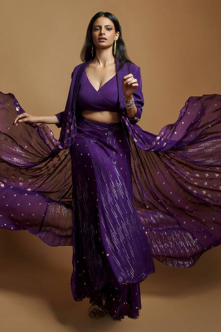 Style Junkiie Purple Crepe, Georgette Mirrors Shawl Butti Self Embroidered Long Cape Jacket Online at Aza Fashions Style Junkiie_Purple Crepe, Georgette Mirrors Shawl Butti Self Embroidered Long Cape Jacket _Online_at_Aza_Fashions