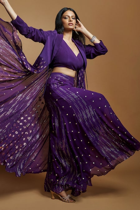 Buy Style Junkiie Purple Crepe, Georgette Mirrors Shawl Butti Self Embroidered Long Cape Jacket Online at Aza Fashions Buy_Style Junkiie_Purple Crepe, Georgette Mirrors Shawl Butti Self Embroidered Long Cape Jacket _Online_at_Aza_Fashions