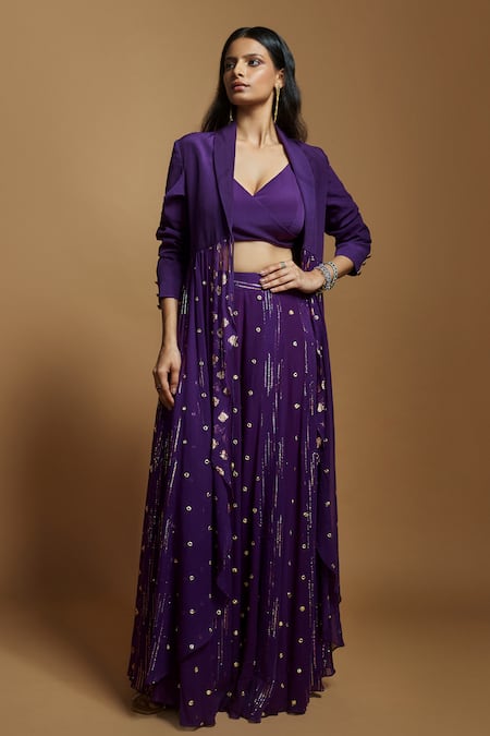 Shop Style Junkiie Purple Crepe, Georgette Mirrors Shawl Butti Self Embroidered Long Cape Jacket Online at Aza Fashions Shop_Style Junkiie_Purple Crepe, Georgette Mirrors Shawl Butti Self Embroidered Long Cape Jacket _Online_at_Aza_Fashions