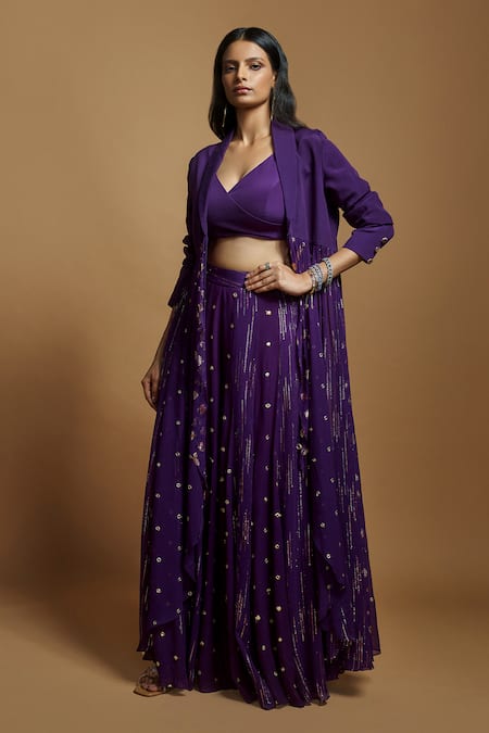 Buy Style Junkiie Purple Crepe, Georgette Mirrors Shawl Butti Self Embroidered Long Cape Jacket Buy_Style Junkiie_Purple Crepe, Georgette Mirrors Shawl Butti Self Embroidered Long Cape Jacket