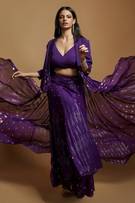 Style Junkiie Purple Georgette Embroidery Self Butti Flared Pant Online at Aza Fashions Style Junkiie_Purple Georgette Embroidery Self Butti Flared Pant _Online_at_Aza_Fashions