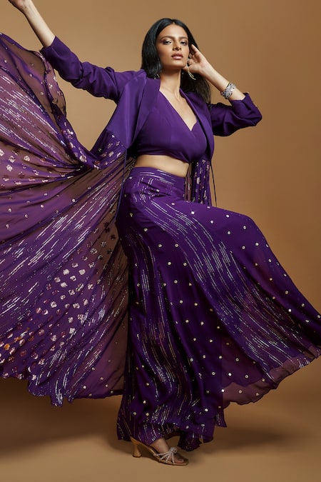 Buy Style Junkiie Purple Georgette Embroidery Self Butti Flared Pant Online at Aza Fashions Buy_Style Junkiie_Purple Georgette Embroidery Self Butti Flared Pant _Online_at_Aza_Fashions