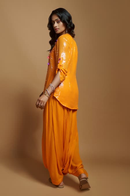 Shop_Style Junkiie_Orange Crepe Plain Pleated Patiala Pant _at_Aza_Fashions