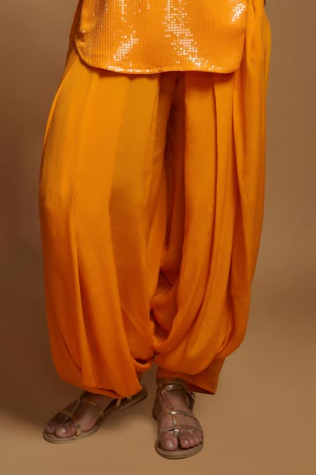 Style Junkiie_Orange Crepe Plain Pleated Patiala Pant _Online_at_Aza_Fashions