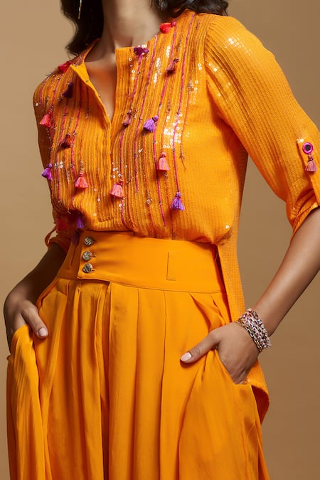Shop_Style Junkiie_Orange Crepe Plain Pleated Patiala Pant _Online_at_Aza_Fashions